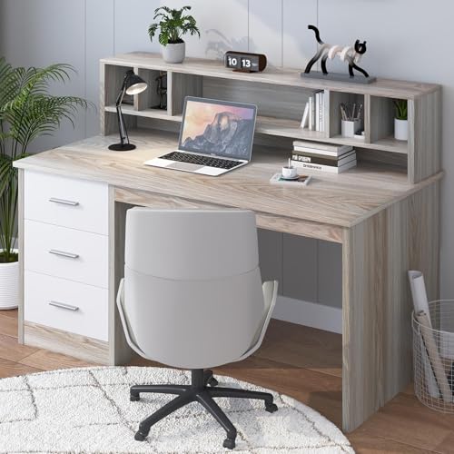 MaverickFurni 46 inch Home Office Desk with 3 Storage Drawers for Small Spaces, Writing Study Table for Home Office, Computer Desk with Hutch, Walnut and White -
