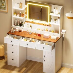 COMHOMA Makeup Vanity Desk with Mirror and Lights, Large Vanity Table with 6 Drawers & 1 Storage Cabinet, White Bedroom Dresser Table for Girls, 3 Color Modes Adjustable Mirror, Antique Brown -