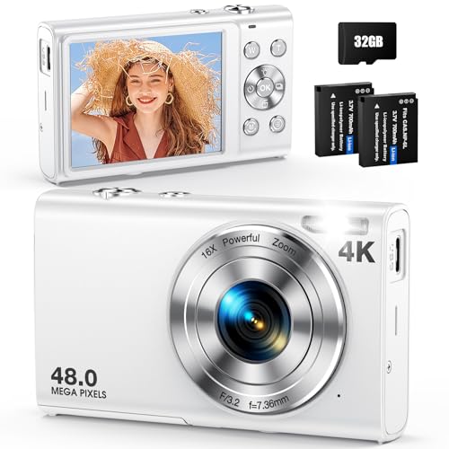 Digital Camera, Autofocus 48MP UHD 4K Vlogging Camera 16X Digital Zoom, Portable Compact Point and Shoot Digital Camera for Teens Adult Beginner with 32GB Card, 2 Batteries, Lanyard(White) -