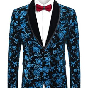 COOFANDY Mens Velvet Blazer Regular Fit Floral Tuxedo Blue Suit Jacket for Prom,Wedding,Party -