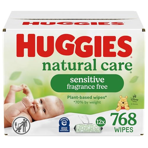 Huggies Natural Care Sensitive Baby Wipes, Unscented, Hypoallergenic, 99% Purified Water, 12 Flip-Top Packs (768 Wipes Total), Packaging May Vary -