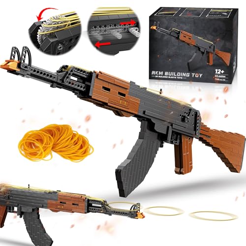 Building Block Gun for Adults, 1:1 AKM-47 Model Gun with Functional Rubber Band Shooting Mechanism, Collectible Gift for Military Weapon Toy Lovers,Educational STEM Toy Set for Boys Age 12+, 1166Pcs -