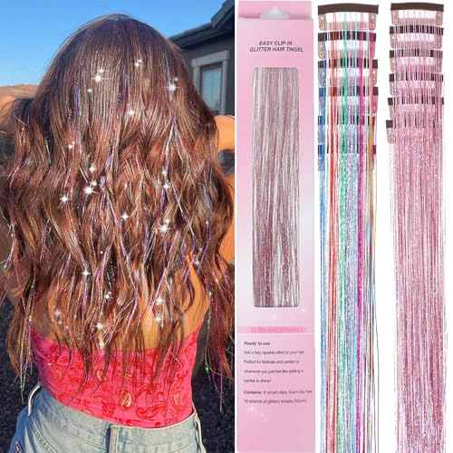Hair Tinsel 12 Pcs Clip in Hair Tinsel Kit for Girls 22 Inch Glitter Fairy Tinsel Hair Extensions Colorful Heat Resistant Party Festival Accessories for Women Kids (pink/multicolor) -