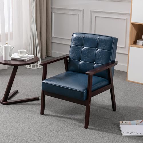 Okeysen Mid Century Modern Accent Chairs, Retro Wood and Leather Armchairs Side Chair, Lounge Reading Comfy Arm Chair for Living Room, Bedroom, Office (Blue) -