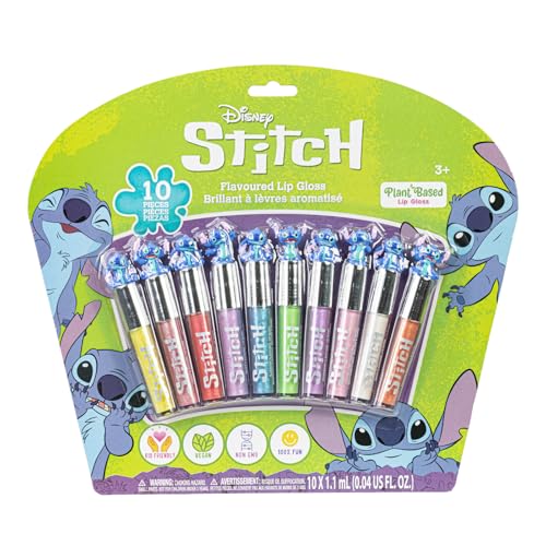 Disney Stitch 10 Piece Plant Based Lip Gloss, Girls Party Favors, First Makeup Set for Girl, Perfect for Parties, Sleepovers, and Birthday Gifts, Ages 3+, by Townley Girl -
