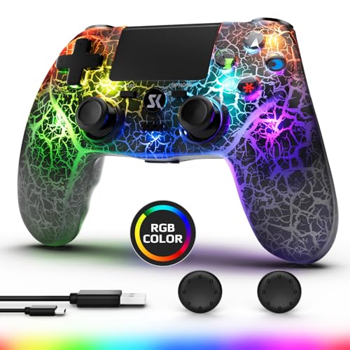 Wireless Controller for PS4, Controller Compatible with PS4/Pro/Slim,Double Shock 6-Axis Motion Sensor, Sensitive Touch Pad, Built-in Speaker & Stereo Headphone Jack (Black Crack RGB Light) -