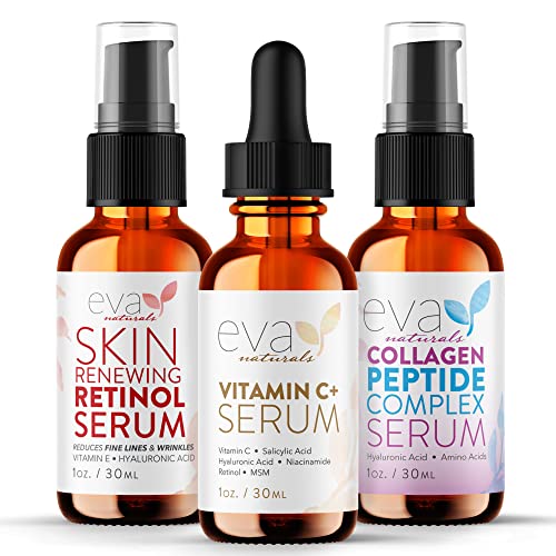 Eva Naturals Trifecta Bundle - Vitamin C Plus, Collagen Peptide, Retinol - Serum Set for Collagen Boost, Anti Aging & Youthful Glowing Skin -