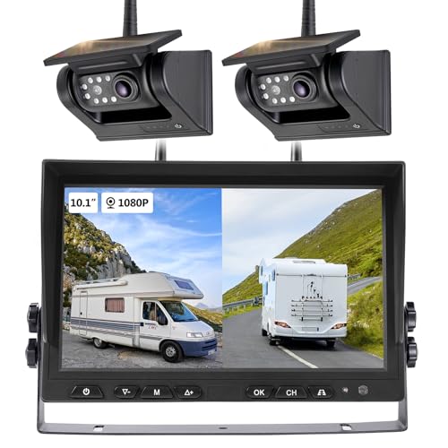 WOOCARTY 10.1" - 2 Magnetic Solar Wireless Backup Camera, HD 1080P DVR Monitor, Dual RV Cameras System for Hitch Towing RV Camper Trailer, IR Night Vision, Rechargeable Battery, Type-C Charging, SR2 -