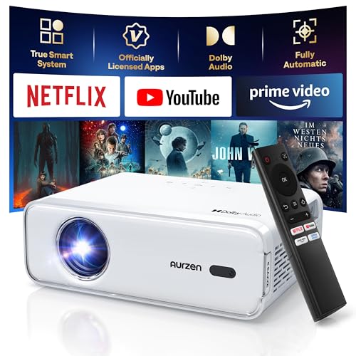 Aurzen EAZZE D1 Smart Projector with WiFi and Bluetooth, Netflix-Officially-Licensed, Auto Focus & Keystone, DoIby Audio, Zoom, Native 1080P Movie, Portable Outdoor Mini Projector, White -