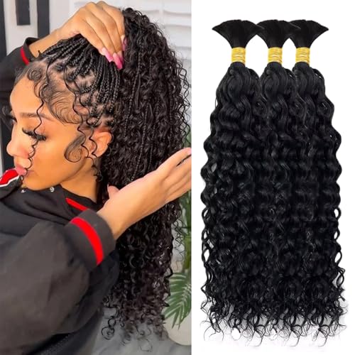 Human Braiding Hair 3 Bundles/Pack 150g Curly Water Wave Human Bulk Hair for Braiding No Weft 10A Brazilian Virgin Human Braiding Hair for Boho Braids Wet and Wavy Braids Extensions (16 16 16inch) -