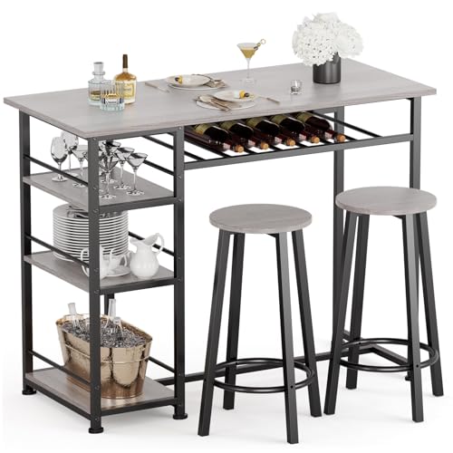 COMHOMA Dining Table Set for 2, Counter Height Kitchen Table and Chairs with Storage Shelves & Wine Rack, Bar Table Set with 2 Bar Stools, 3 Piece Dining Room Table Set for Small Space, Retro Grey -