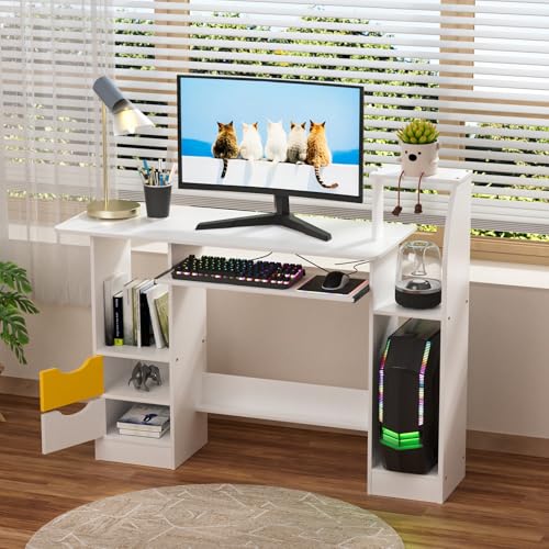Computer Desk with 2 Drawers, 3 Hutch Shelves, Keyboard Tray, Wide Desktop Study Writing Table, White Wood Office Desk for Home, Bedroom Workstation, Modern PC Executive Table White -