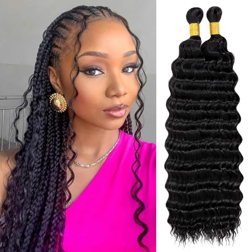 Eerya Long Curly Braiding Hair 18 Inch 2 Packs Ocean Wave Crochet Hair for Black Women Deep Wave Braiding Hair for Boho Braids (18 inch, 1B) -