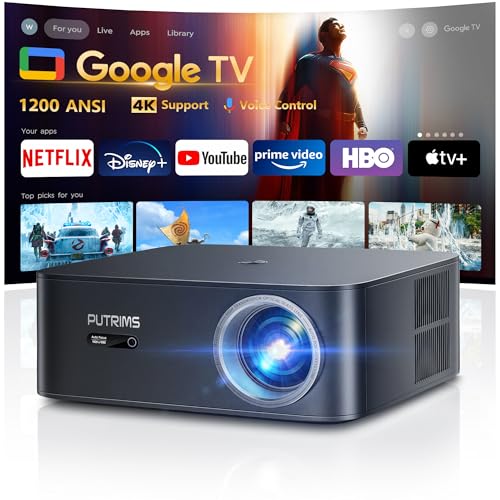 [1200 ANSI/Google TV/Voice Control]Smart Projector with WiFi 6 and Bluetooth, Netflix-Licensed 4K Support, Outdoor Movie Proyector, 1080P Home Ceiling Auto Focus Projector, PUTRIMS K12 Gray -