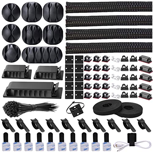N NOROCME 192 PCS Cable Management Kit 4 Wire Organizer Sleeve,11 Cable Holder,35Cord Clips 10+2 Roll Cable Organizer Straps and 100 Fastening Cable Ties for Computer TV Under Desk, black,clear -