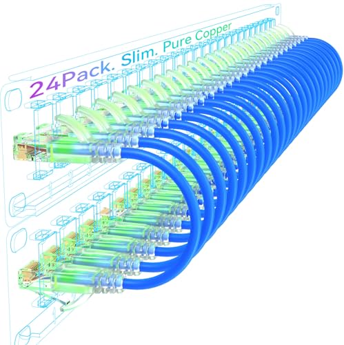 Sokqovt Cat6a Slim Ethernet Cable 1ft (24 Pack), Flexible 10G 550MHZ, 28AWG Pure Copper for Network Cabinet, Cat 6 Blue -