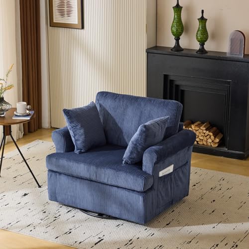 VINGL 39.2" Wide 360° Swivel Accent Armchair with 2 Pillows, Oversized Single Sofa, Chair and a Half with Side Pockets and Wide armrest for Living Room, Bedroom, Reading Room, Corduroy Blue -