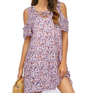 Bluetime Women Cold Shoulder Summer Dress Short Sleeve Beach Casual Loose Swing Dress (XL, Floral Pink) -