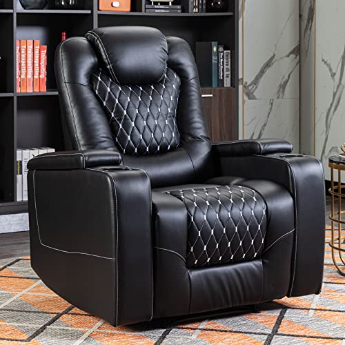 ANJ Power Recliner Chair with USB Ports and Cup Holders - Overstuffed Electric Home Theater Seating PU Leather Reclining Furniture with Hidden Arm Storage, Easy to Clean (Black) -