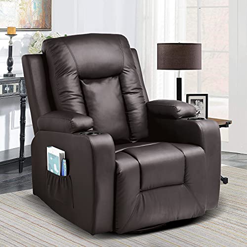 COMHOMA Recliner Chair, PU Rocking Chair for Adults, Swivel Recliner with Cup Holders, Heat and Massage, Single Sofa Seat with Side Pockets for Living Room, Bedroom (Brown) -