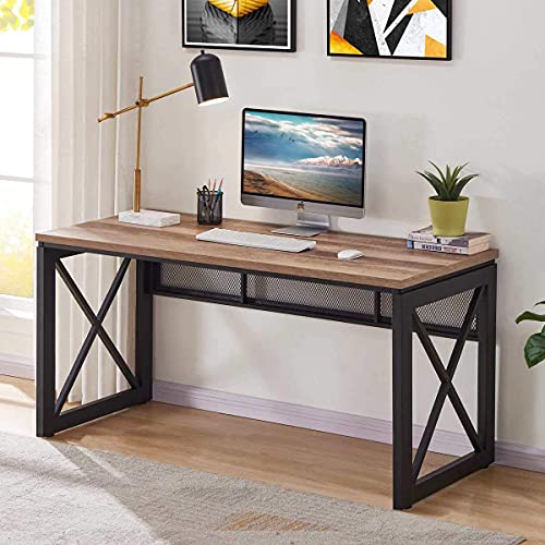 BON AUGURE Industrial Home Office Desks, Rustic Wood Computer Desk, Farmhouse Sturdy Metal Writing Table (60 Inch, Vintage Oak) -