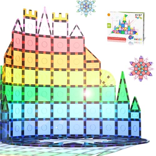 Everplay 66 pc Magnetic Tiles with Multicolored Car Set, Building Blocks Toys, STEM Educational Learning Magnet Toy Preschool Montessori Boys & Girls Smart Kit Games Gifts for Age 3+ Kids Toddlers -