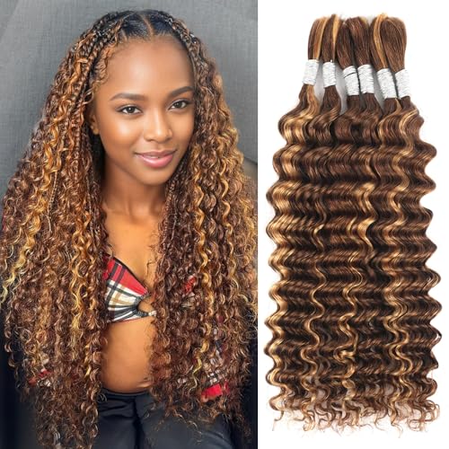 Human Braiding Hair 18 Inch 6 Bundles Human Hair Braiding Hair No Weft Deep Wave Bulk Human Hair for Braiding Hair Extensions for Boho Braids Wet and Wavy 150g P4/27# -