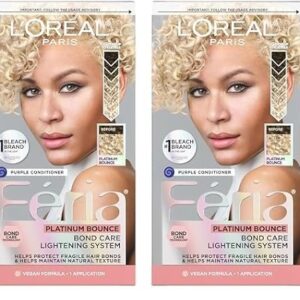 L'Oreal Paris Feria Platinum Bounce Bond Care Lightening System, Lifts Up To 8 Levels, Includes Anti Brass Purple Conditioner, Platinum Bounce, 1 Hair Dye Kit (Pack of 2) -