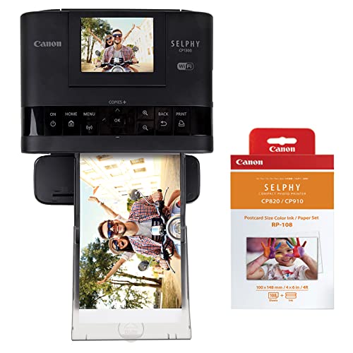 Canon SELPHY CP1300 Wireless Compact Photo Printer + RP-108 High-Capacity Color Ink/Paper Set Bundle, Black -