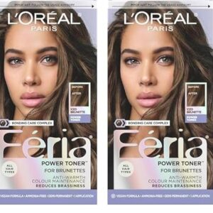 L’Oreal Paris Feria Toner, Long Lasting Anti-Brass Hair Toner for Brunettes, Vegan and Ammonia-Free Hair Care Formula, Iced Brunette, 1 Kit (Pack of 2) -