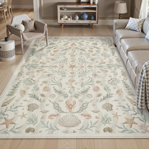 LIVEBOX Vintage Coastal Machine Washable 5x7 Area Rugs for Living Room, Non Slip Soft Beige Low Pile Farmhouse Ocean Beach Kids Rugs for Bedroom Indoor, Carpet Rugs for Dining Room(5x7ft) -