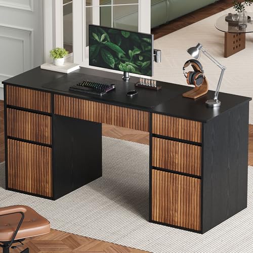 4 EVER WINNER 58 Inch Computer Desk with Drawers, Modern Office Desk with File Cabinets, Executive Desk for Home Office, Large Desktop for Study Table for Bedroom, Black -