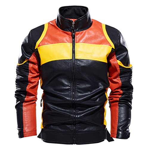 Men’s Black Biker PU Café Racer Stand Collar Zip-Up Red & Yellow Panels Retro Moto Riding Sporty Scooter Faux Leather Jacket (US, Alpha, 3X-Large, Regular, Regular, Black) -