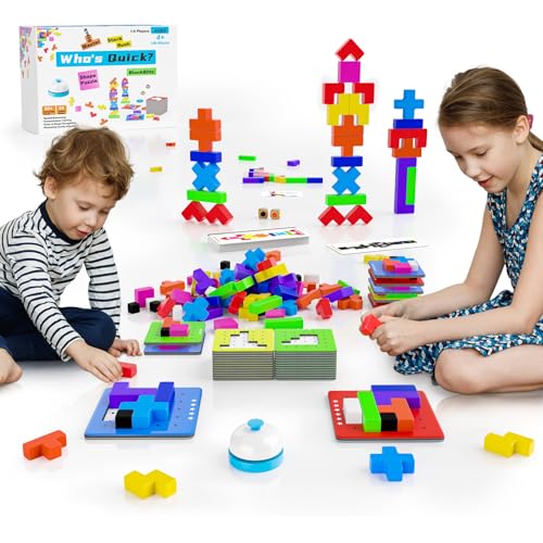 4-in-1 Family Board Games, 120 Pcs Wooden Multi-Level Montessori Toy Fast 3D Shape Pattern Matching Puzzle Stacking Building Blocks Fun Game for Kids Adults Family Night/Party, 1-6 Players Ages 4+ -