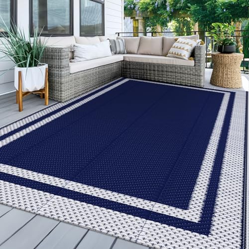 KMAT Outdoor Rug, Waterproof Reversible Patio Rugs, 5x8ft Large Outdoor Area Rug Foldable Plastic Camping Rugs for Outside RV, Patio,Picnic,Camper,Balcony,Porch (Blue &White) -
