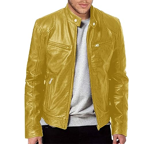 Faux Leather Motorcycle Jacket Men Casual Vintage Riding Jackets Slim Fit Stand Collar Zip-Up Racer Biker Jacket,C1Yellow,X-Small -