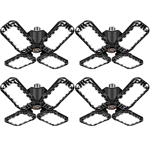Tudoccy LED Garage Light 4 Pack, 120W Ultra Bright LED Shop Light with 4 Adjustable Panels, 12000LM E26/E27 Base Deformable Ceiling Fixtures for Garage, Workshop, Attic, Basement, Barn (Black-4 Pack) -