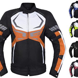 MOTORCYCLE JACKET MENS CE ARMORED BIKERS RIDING RACING WATERPROOF ALL SEASON JACKET (ORANGE, SMALL) -