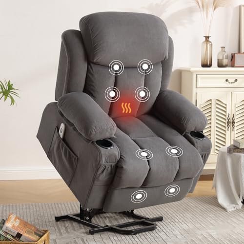 BOSMILLER Power Lift Recliner Chair with Heat and Massage Electric Fabric Recliner Chair for Elderly with Side Pocket, USB Charge Port, Remote Control for Living Room (Light Grey) -