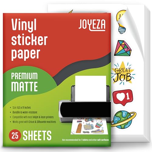 JOYEZA Premium Printable Vinyl Sticker Paper for Inkjet Printer - 25 Sheets Matte White Waterproof, Dries Quickly Vivid Colors, Holds Ink well- Tear Resistant - Inkjet & Laser Printer -