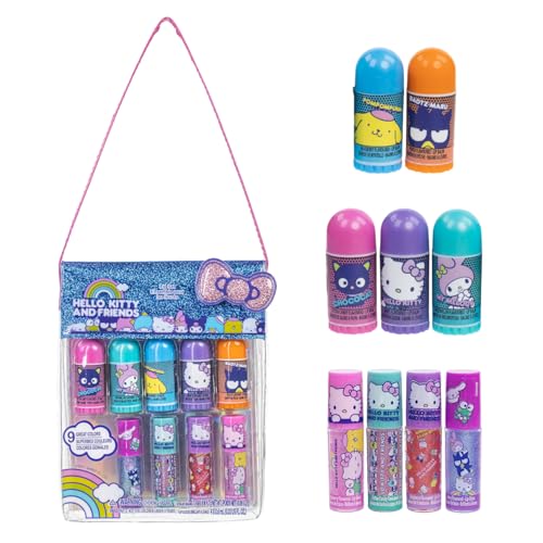 Townley Girl Hello Kitty and Friends 5 Pk Lip Balm and 4 Pk Lip Gloss Set w/Bag, Makeup Cosmetic Set for Kids and Girls, Ages 3+, Perfect for Parties, Sleepovers & Makeovers -