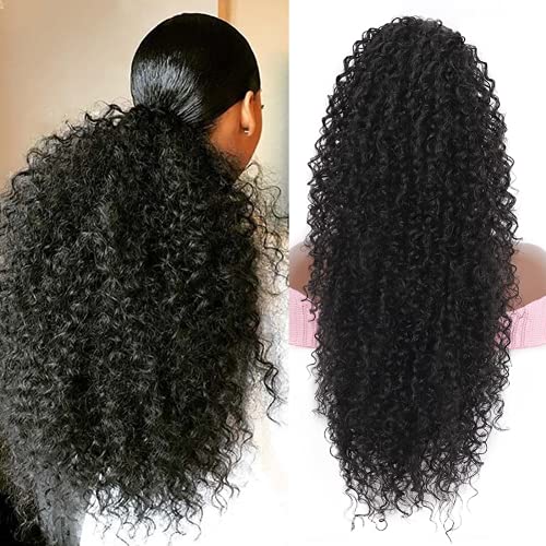 Youthfee 27” Drawstring Ponytail Deep Curly Heat Resistant Instant Clip Ponytail Extension Protective Style Afro Kinky Curly Hair Pieces for Women -