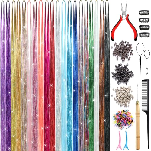 AIAIZHQH Hair Tinsel Kit (20 Colors, 4400 Strands, 48 Inches) Sparking Tinsel Hair Extensions Kit with Tools, Heat Resistant Highlights Glitter Hair Extensions Fairy Hair Accessories for Girls Women -