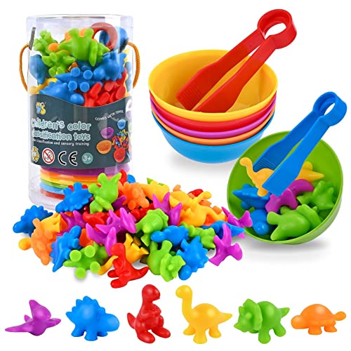 FLMRIOY Counting Dinosaurs Toy Matching Games, 56 Pcs Color Sorting Toys with Bowls Preschool Learning Math Activities for 3-6 Kids Toddlers Easter Gift -