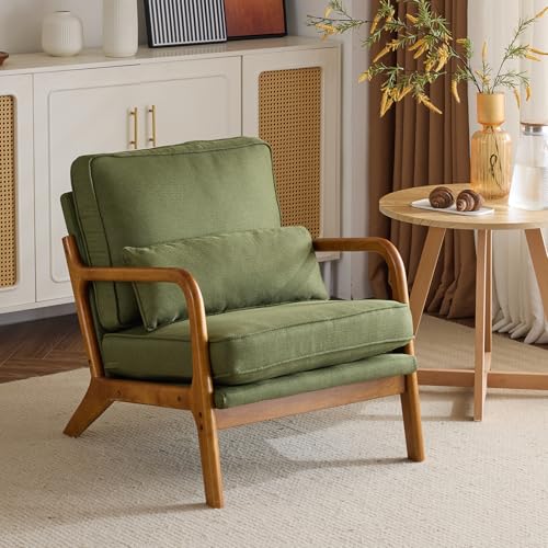 Karl home Accent Chair Mid-Century Modern Chair with Pillow Linen Fabric Upholstered Lounge Arm Chair with Solid Wood Frame & Soft Cushion for Living Room, Bedroom, Balcony, Green -