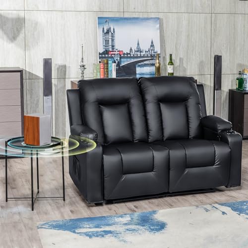 COMHOMA Living Room Furniture Set,Bonded Leather Loveseat Sofa with Cup Holder Recliner Chair,Black -