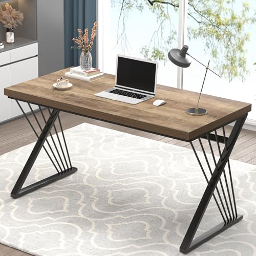 FOLUBAN Computer Desk, Modern Home Office Desk, Wood and Metal Study Writing Gaming Table for Bedroom Living Room, Rustic Oak, 53 Inch -