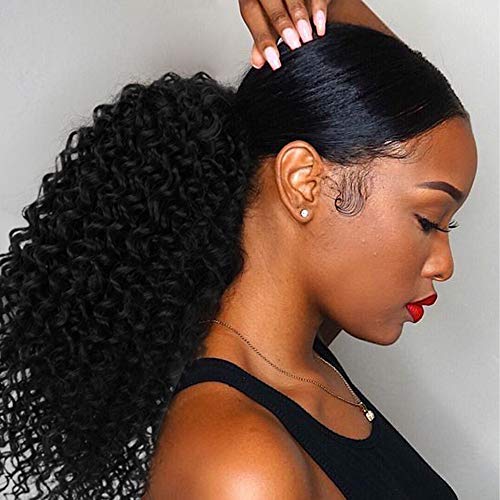 Vigorous Drawstring Ponytail Extension 14Inch Short Afro Kinky Curly Ponytail for African Women Fluffy Pony Tails Hair Extensions Synthetic Hairpiece for Daily Use(1B) -