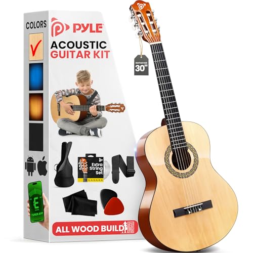 Pyle Beginner Acoustic Guitar Kit, 1/4 Junior Size All Wood Instrument for Kids, Adults, 30" Natural Ash -