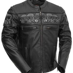 First Mfg Co - Savage Skulls - Men's Motorcycle Biker Riding Black Leather Jacket - 7X Large - Reflective skull design on chest, shoulders, and upper back -